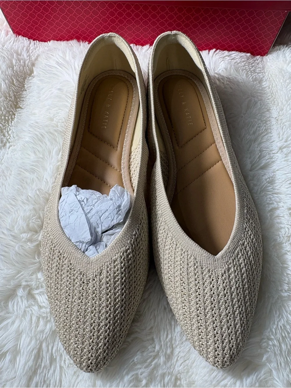Kelly & Katie Women's Knit Pointed-Toe Flats in Beige 10W Gold Shimmer